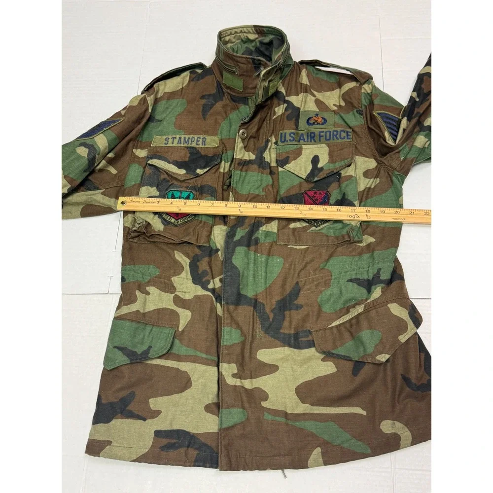 Vintage M-65 Field Coat Mens Small Regular Woodland Camo USAF Patches